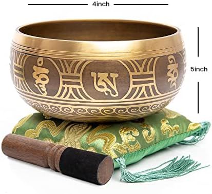 Tibetan Singing Bowl Set - Easy To Play Authentic Handcrafted For Meditation Sound Bowl Chakra Yoga Healing 4 Inches By Himalayan Bazaar (Gold & Green)
