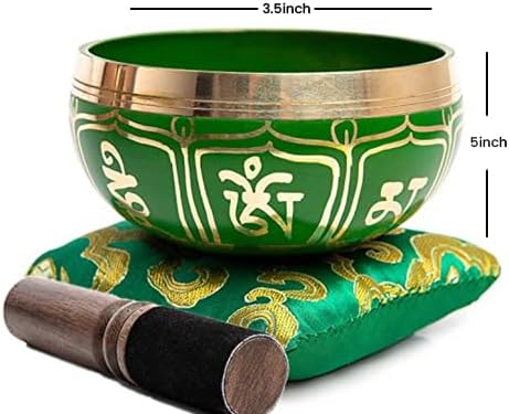 Tibetan Singing Bowl Set - Authentic Handcrafted Mindfulness Meditation Holistic Sound 7 Chakra Healing by Himalayan Bazaar (Emerald)