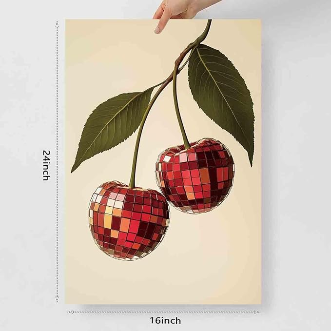 Disco Cherry Wall Art Disco Ball Picture Cherry Preppy Print Trendy Aesthetic Wall Art Preppy Aesthetic Pictures Red Picture Ball Funny Poster Dorm Girls Room Party Theme Bar Decor 16x24inch No Frame