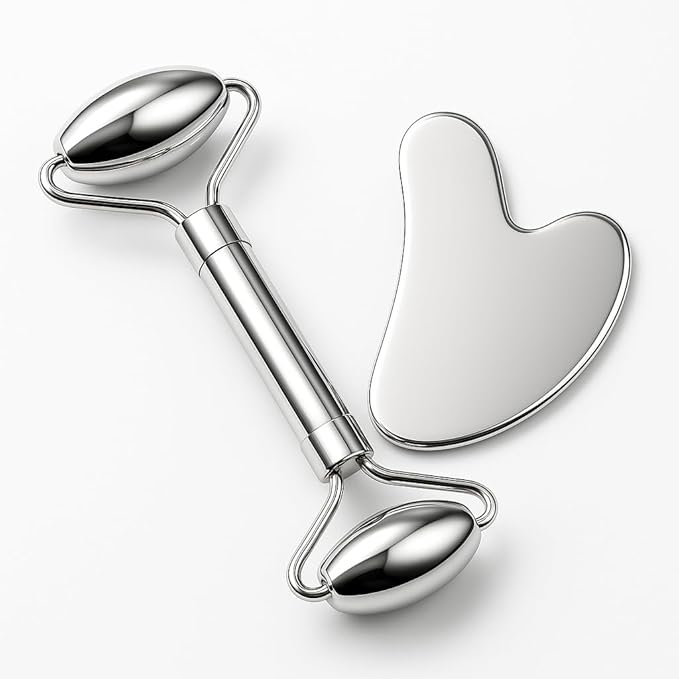 Stainless Steel Gua Sha and Face Roller Set Facial Massager Tools, Lymphatic Drainage Massager Metal Gua Sha Skin Self Care Gifts for Women, Face Sculpting Guasha for Body Eyes with Pouch
