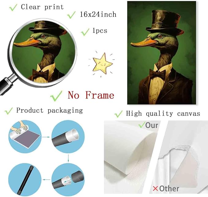 Mostemauo Vintage Duck Canvas Wall Art Funny Duck Picture Vintage Mallard Artwork Green Animal Wall Art Antique Animal Portrait Painting Antique Prints Abstract Living Room Decor 16x24inch No Frame