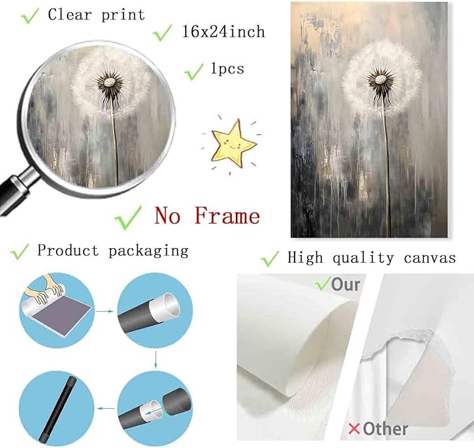Dandelion Picture Gray White Wall Art Abstract Flower Canvas White Flower Painting Farmhouse Floral Picture Gray Gold Painting Rustic Floral Prints Black Gold Pictures Room Decor 16x24inch No Frame