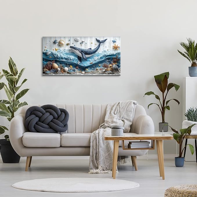 ZESTRILIA Ocean Whale Wall Art for Kids Room Navy Blue Marine Organism Underwater World under the Sea Canvas Painting Prints Artwork Family Living Bedroom Decor (40x20 Inches)