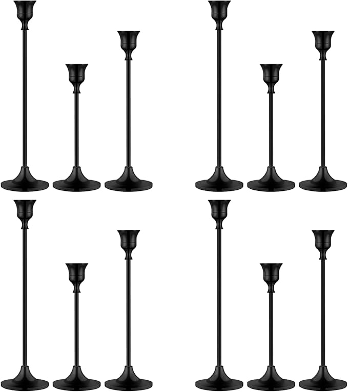 Metal Candle Holders for Candlesticks Taper Candlestick Holders Set Vintage Decorative Centerpiece Candelabra Tall Candle Stands for Halloween Thanksgiving Christmas (Matt Black, 4 Sets (12 pcs))