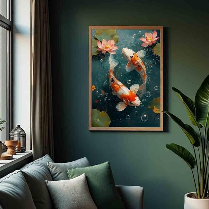 Koi Fish Wall Art Chinese Style Painting Pink Lotus Pond Wall Art Carp Picture Koi Fish Artwork Good Luck Painting Traditional Chinese Modern Aesthetic Picture Living Room Decor 16x24inch No Frame