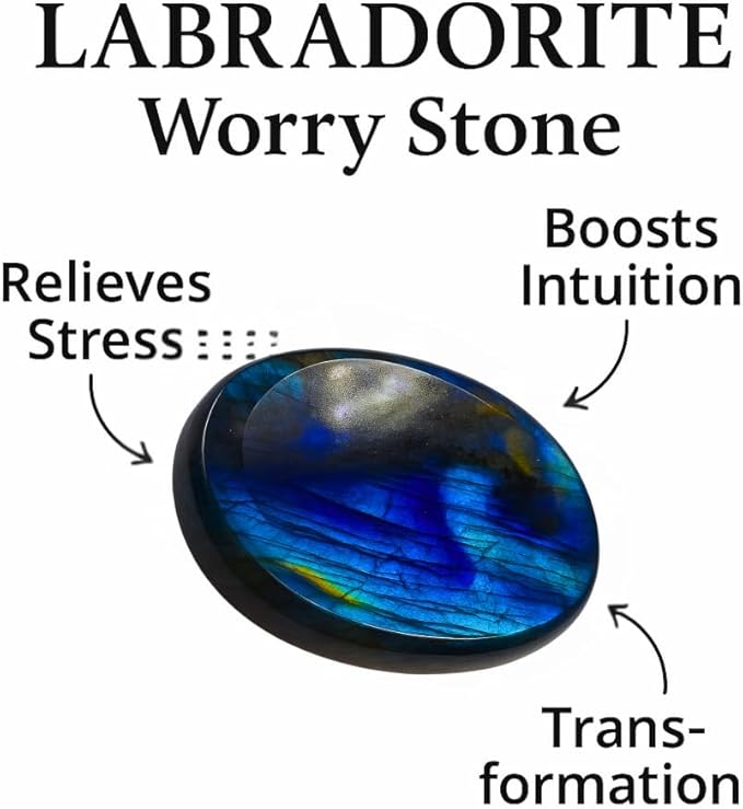 Labradorite Worry Stone 35-40mm – Healing Thumb Crystal for Anxiety & Stress Relief – Palm Meditation Stone with Velvet Pouch Gift for Men & Women