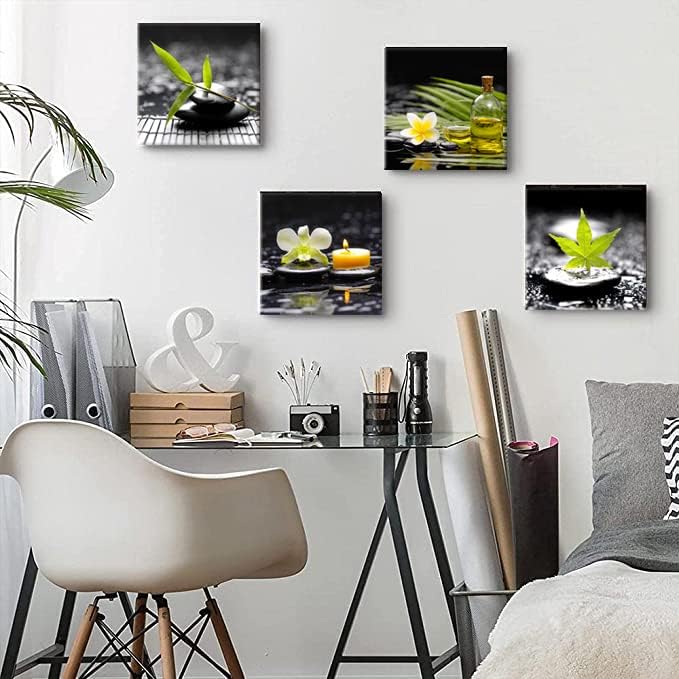 Yxbhhym-Black Art Zen Canvas Wall Art Meditation Wall Picture Green Poster Stone photo prints Massage Painting bathroom pictures for wall Living Room Wall Decor Bedroom Decorations Framed