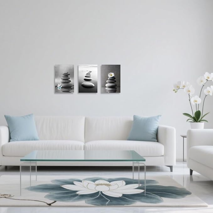 CCWORKERRY 3PCS Zen Stones Canvas Wall Art Black and White Zen Stone Painting Calming Meditation Wall Decor for Yoga Studio Office Spa Bathroom (gray,16W x24L x3)