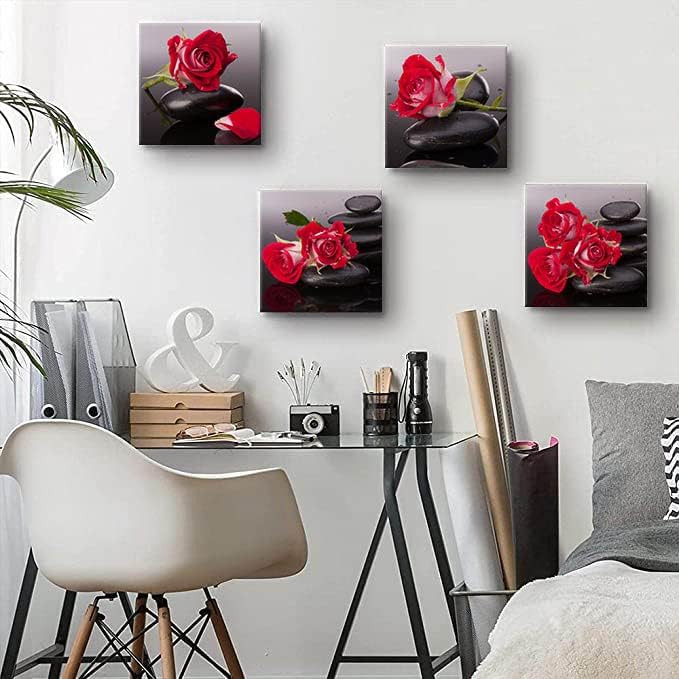 Yxbhhym-Black Red Canvas Wall Art Bedroom Stones Zen Wall Decor Rose Pictures Floral Poster print Spa Bathroom Wall Art for Living Room Decoration Kitchen Accessories Room Decor Framed Artwork