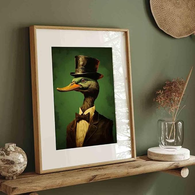 Mostemauo Vintage Duck Canvas Wall Art Funny Duck Picture Vintage Mallard Artwork Green Animal Wall Art Antique Animal Portrait Painting Antique Prints Abstract Living Room Decor 16x24inch No Frame
