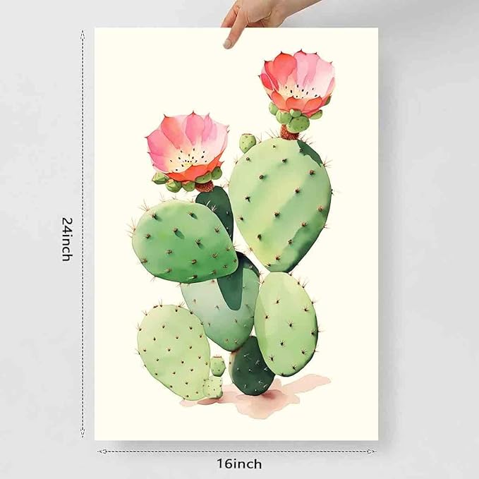 Cactus Flower Poster Western Desert Wall Art Pink Flower Painting Watercolor Flowers Picture Botanical Floral Prints Mexican Desert Art Abstract Cactus Canvas Living Room Decor 16x24inch No Frame