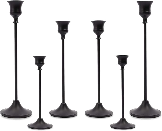 Matte Black Taper Candle Holder Set of 6, Tall Candlestick Holders, Metal Vintage Candle Stickers Long Holder Set, Pillar Decorative Candle Holder Fits 3/4 Inch Candle for Wedding, Dinner, Party…