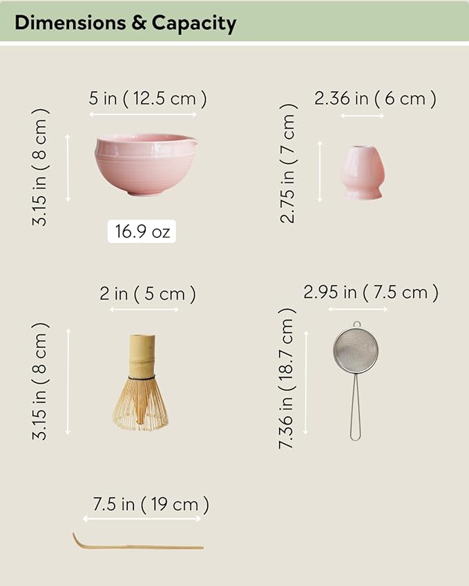 Matcha Set, 5 Pcs Matcha Whisk Set – Elegant Rounded Design Bowl with Folded Rim, Glossy Pink Glaze, Comfortable to Use, Gift Box Included (Glossy Pink)