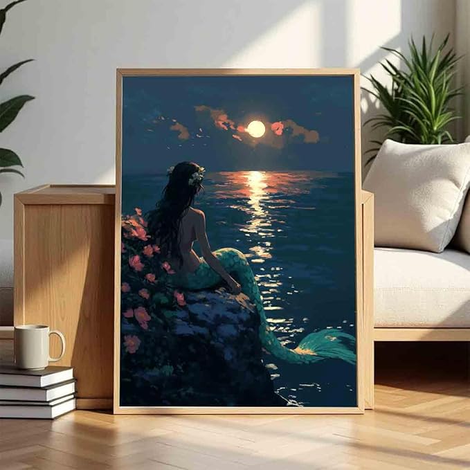 Mermaid Wall Art Vintage Women Pictures Vintage Ocean Poster Classical Female Poster Golden Sun Canvas Ocean Coastal Prints Vintage Woman Picture Victorian Female Painting Decor 16x24inch No Frame
