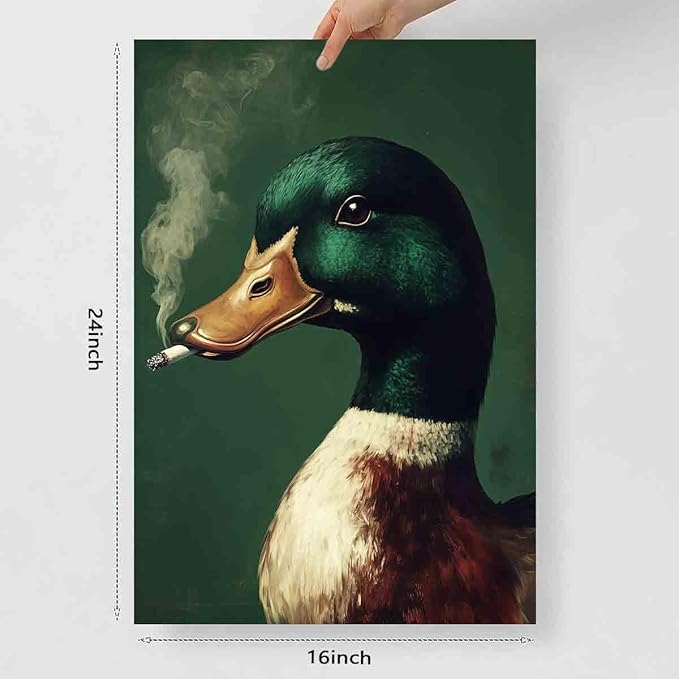 Mostemauo Vintage Mallard Duck Wall Art Whimsical Duck Smoking Cigarette Painting Portrait Animal Prints Funny Animal Smoking Picturemallard Print Retro Green Living Room Decor 16x24inch No Frame
