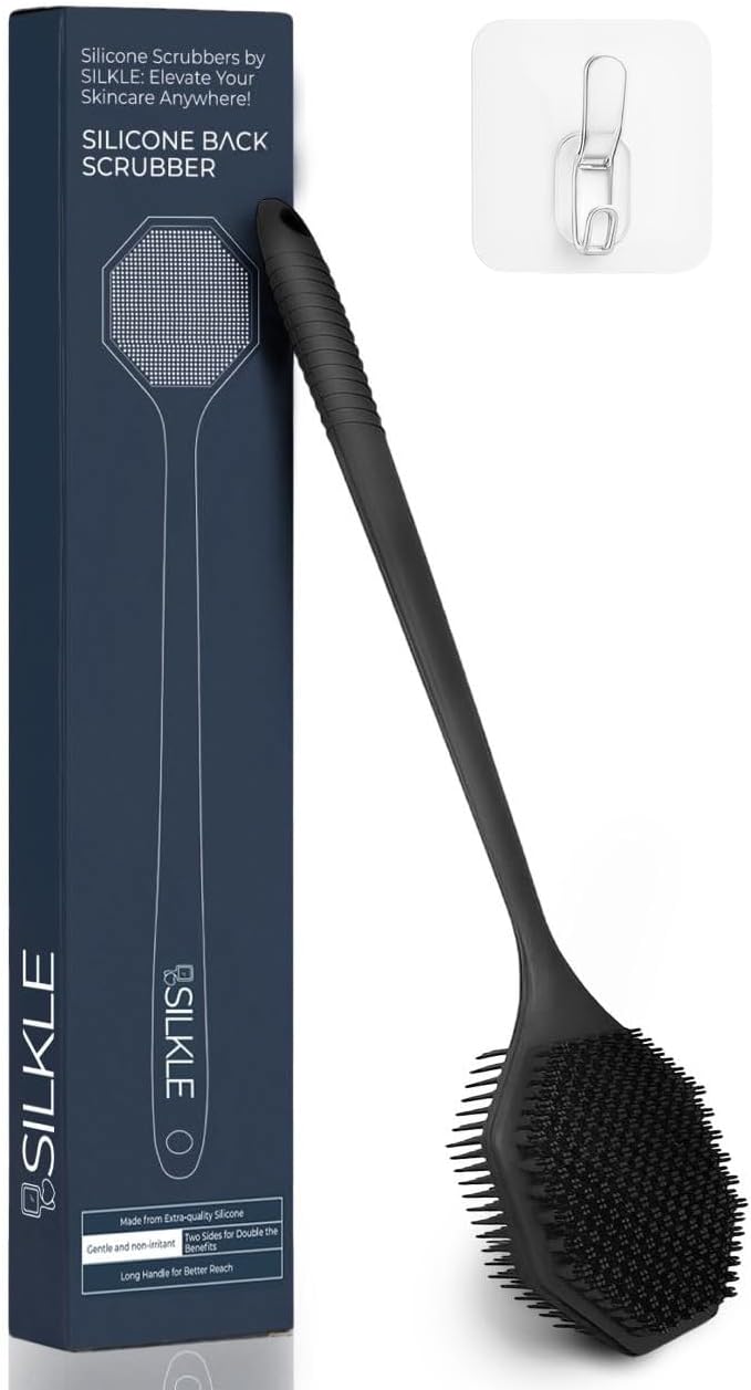 Silicone Back Scrubber with Long Handle - Octagon Body Brush for Shower, Bath, and Exfoliating - Skin Cleansing, Back Scrub and Gentle Silicone Sponge - Wash Your Body with Easy Reach - Black