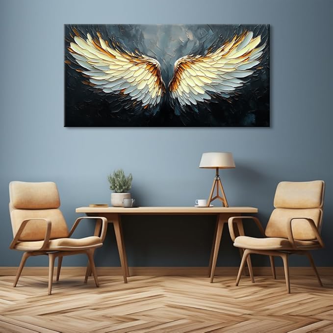 ZESTRILIA Angel Wings Wall Art for Girls Room Gold Gray Canvas Oil Painting Prints Modern Abstract Fantasy Anime Artwork Living Bedroom Office Decor (40x20 Inches)
