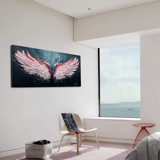 ZESTRILIA Angel Wings Wall Art for Girls Room Pink Navy Blue Canvas Oil Painting Prints Modern Abstract Fantasy Anime Artwork Living Bedroom Office Decor Extra Large (58x28 Inches)