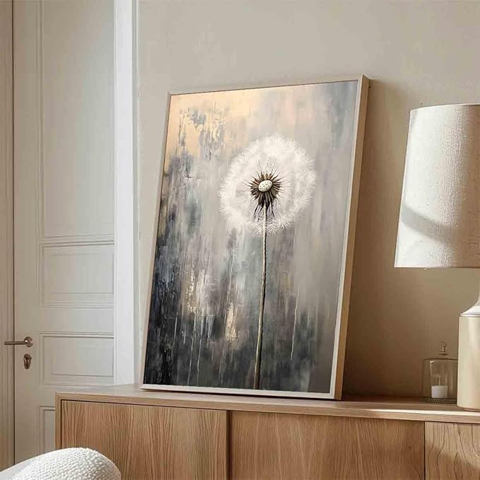 Dandelion Picture Gray White Wall Art Abstract Flower Canvas White Flower Painting Farmhouse Floral Picture Gray Gold Painting Rustic Floral Prints Black Gold Pictures Room Decor 16x24inch No Frame