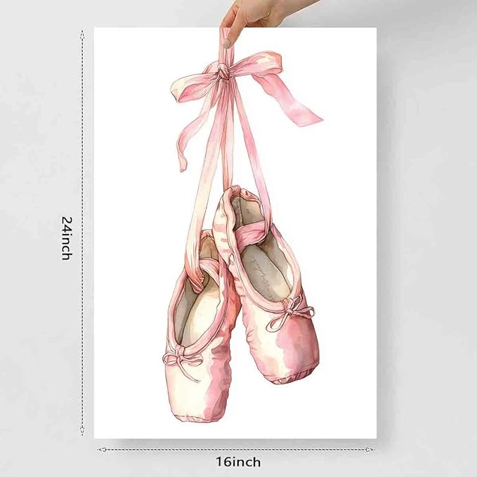 Mostemauo Ballet Shoes Painting Dancer Wall Art Ballet Pictures Pink Bow Pictures Elegant Vintage Wall Art Aesthetics Watercolor Painting Trendy Modern Abstract Girls' Room Decor 16x24inch No Frame