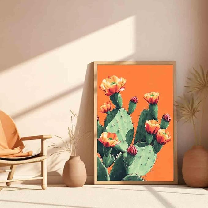 Vintage Cactus Posters Tropical Plants Wall Art Pink Floral Painting Floral Aesthetic Prints Western Desert Print Desert Botanical Prints orange and green flower wall art room decor 16x24inch no frame