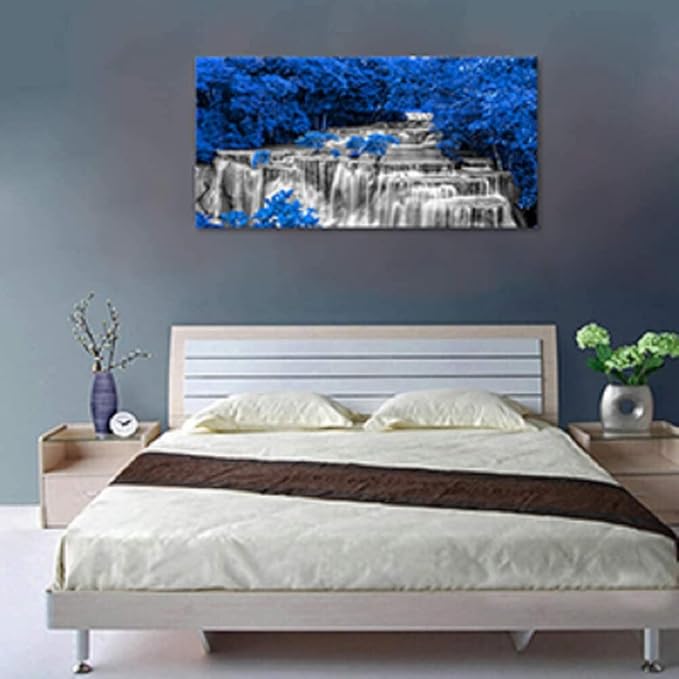 Yxbhhym Waterfall Wall Art Black and White Décor Blue Trees Scenery Canvas Prints Forest Paintings for Wall Landscape Wall Décor Bedroom Living Room Decor Large Wall Decoration Framed-20x40inch