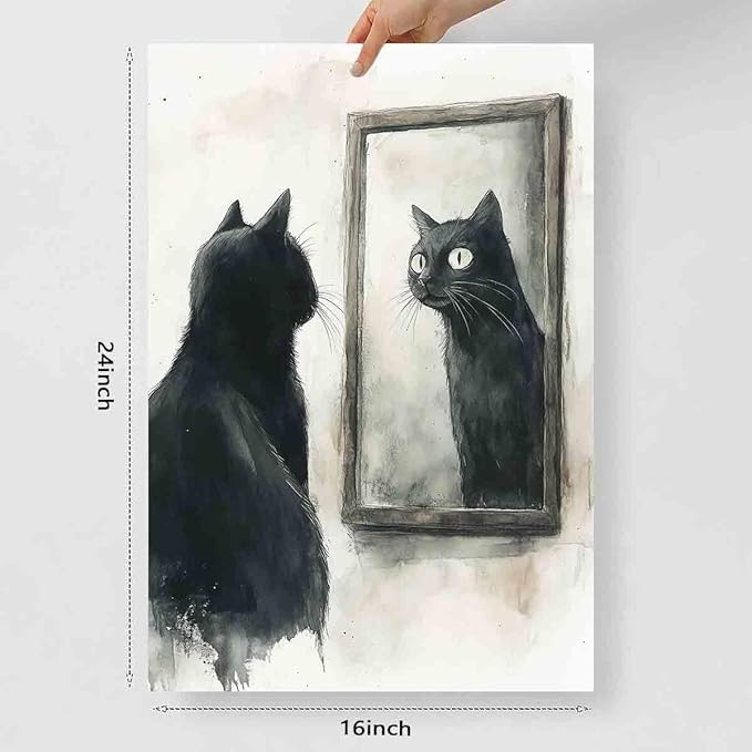Funny Black Cat Wall Art Retro Cats Poster Black And White Animal Prints Quirky Animal Canvas Cat Mirror Wall Art Fanciful Vintage Farmhouse Painting Aesthetic Living Room Decor 16x24inch No Frame