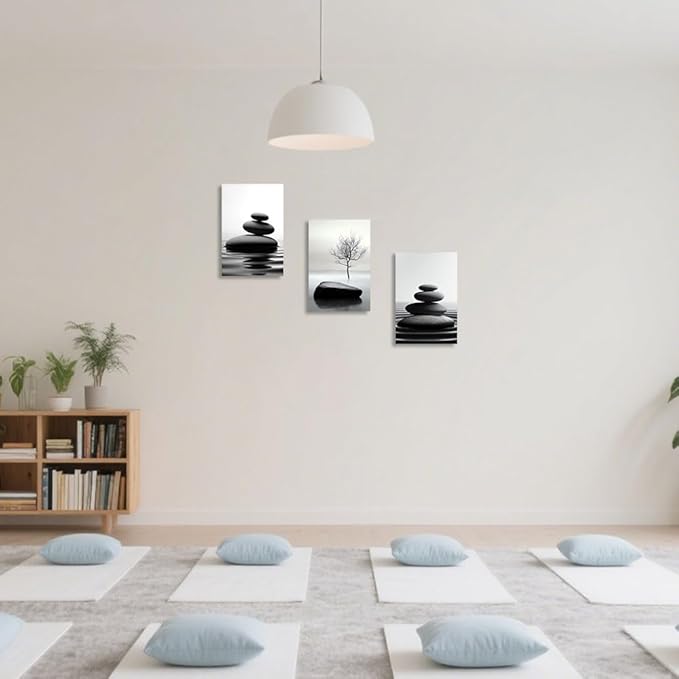 CCWORKERRY 3PCS Zen Stones Canvas Wall Art Black and White Zen Stone Painting Calming Meditation Wall Decor for Yoga Studio Office Spa Bathroom (white,11W x14L x3)