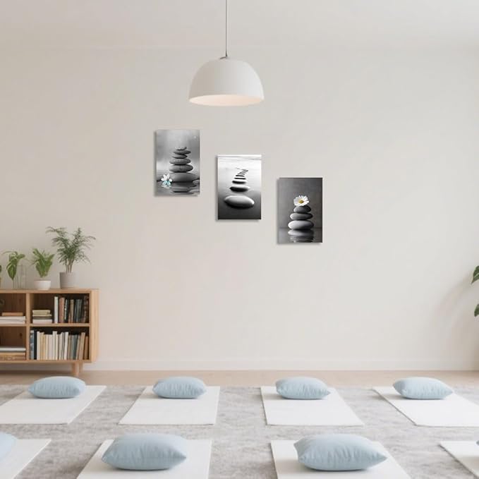 CCWORKERRY 3PCS Zen Stones Canvas Wall Art Black and White Zen Stone Painting Calming Meditation Wall Decor for Yoga Studio Office Spa Bathroom (gray,24W x36L x3)