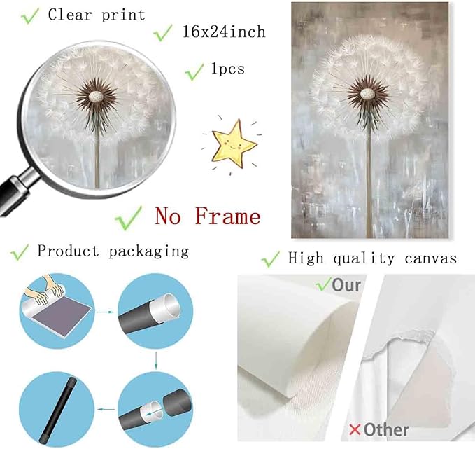 Dandelion Prints Wall Art Vintage Dandelion Poster White Flower Picture Grey And White Abstract Wall Art Abstract Flower Canvas Wildflower Painting Farmhouse Rustic Floral Room Decor 16x24in No Frame