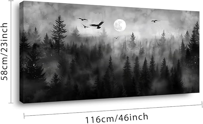 ZESTRILIA Forest Wall Art Black & White Moon Night Retro Canvas Prints Modern Rustic Paintings Nordic Artwork Landscape Picture for Country Farmhouse Living Room Bedroom Home Office Décor (23x46inch)
