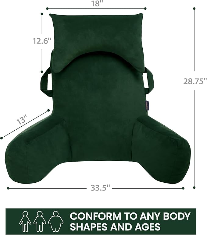 Portable Reading Pillows with Headrest for Bed Sitting Up(Dark Green Oeko-Tex), Velvet Back Pillow with Arms & Pockets for Adults, Support Memory Foam Bed Pillow for Dorm/Watching/Gaming
