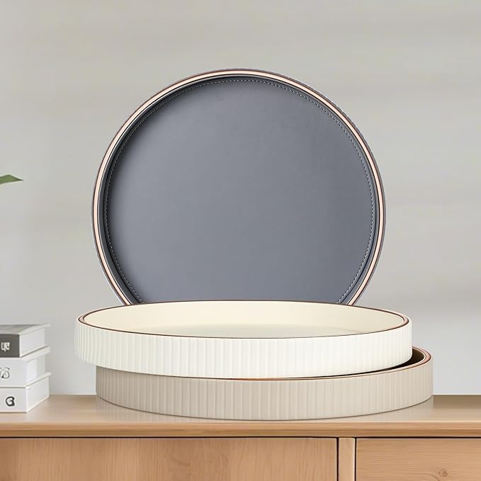 GORESE Round Coffee Table Tray for Home Decor, 12" PU Leather Decorative Serving Trays Table Centerpiece for Kitchen Island, Perfume Trinket Trays for Dresser, Ottoman Tray Nightstand Organizer, Gray