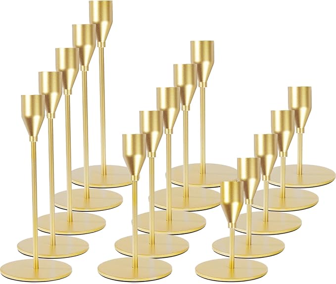Matte Gold Candle Holders Bulk Painted Gold Metal Candlesticks Fit 0.8 Inch Taper Candles Decorative Metal Candelabra for Wedding Home Holiday Anniversary Party Dinning Table Decors (Set of 15)