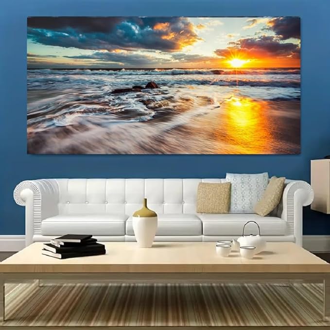 Yxbhhym-Large Ocean Wall Art for Living Room Canvas Beach Painting Sunrise Print Art Sunset Seascape Wall Pictures Yellow Sea Waves Poster Decoration Office Kitchen Wall Décor Bedroom Accessories