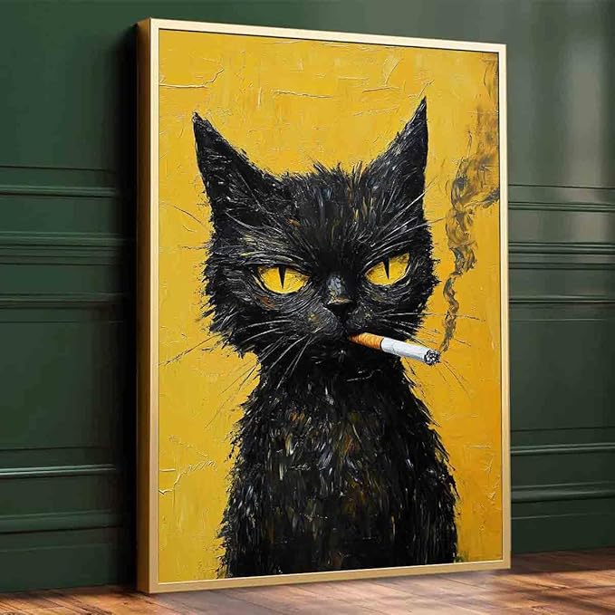 Black Cat Canvas Wall Art Smoking Cat Picture Abstract Animals Prints Vintage Cats Poster Retro Animal Prints Animal Portrait Painting Funny Cats Posters Funky Living Room Decor 16x24inch No Frame