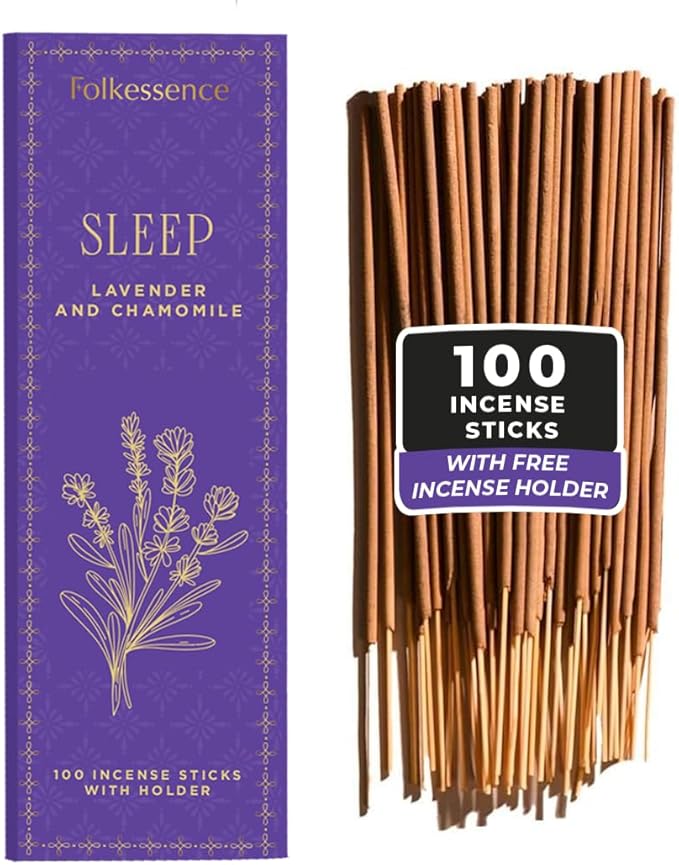 Folkulture Incense Sticks | Set of 100 Insence-Sticks with Holder for Relaxation | Lavender & Chamomile Incense | Organic, Slow Burning & Non Toxic Inscents for Meditation |Relaxing for Sleep
