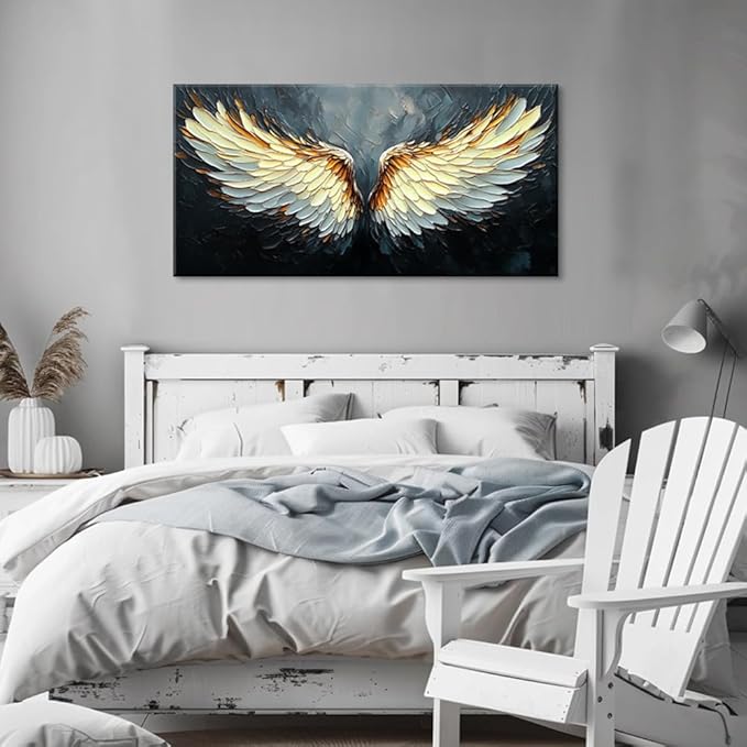 ZESTRILIA Angel Wings Wall Art for Girls Room Gold Gray Canvas Oil Painting Prints Modern Abstract Fantasy Anime Artwork Living Bedroom Office Decor Extra Large (58x28 Inches)