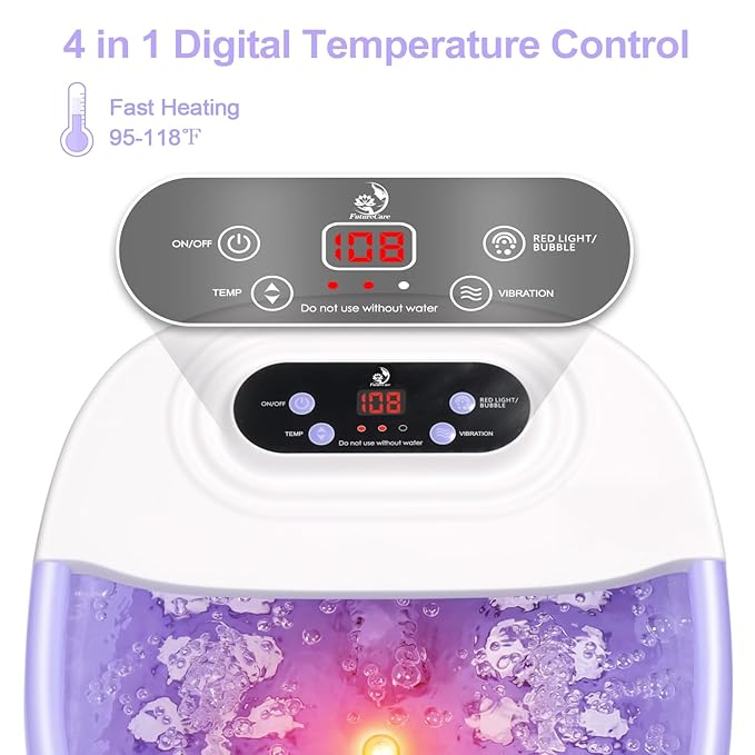 Foot Spa Bath Massager with Heat Bubbles and Vibration Massage and Jets, 16 OZ Tea Tree Oil Foot Soak Epsom Salt, Foot Soaker with Red Light, 22 Massage Rollers, Adjustable Temp -Purple