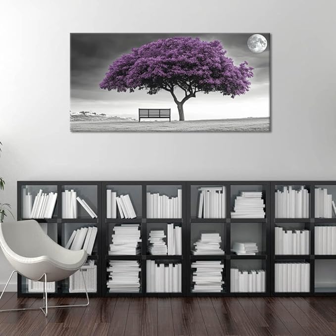 ZESTRILIA Country Purple Tree Wall Art for Living Room Office Violet Gray Moon Canvas Painting Prints Artwork Dining Bedroom Decor Extra Large (58x28 Inches)