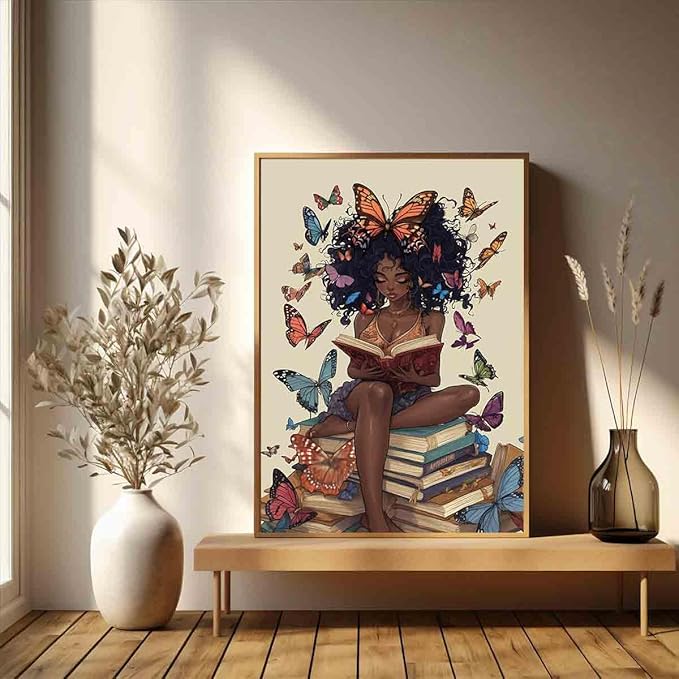 Black Girl Reading Poster African American Artwork Boho Butterfly Painting Black Girl Art Prints Vintage Reading Picture Inspiring Wall Reading Book Print African Minimalist Posters 16x24inch No Frame