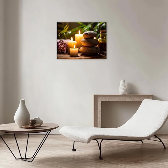 GLOKAKA Zen Canvas Wall Art Stacked Spa Stones White Candle Painting Relaxation Artwork Meditation Decor for Spa Yoga Room Bathroom Ready To Hang(Artwork-3,12"x18")