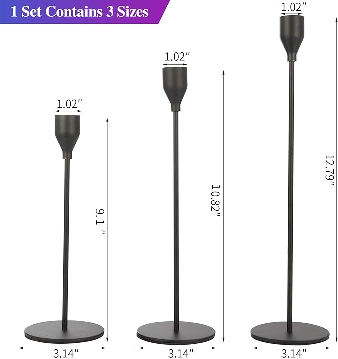 Set of 3 Black Candlestick Holders - Decorative Taper Candle Holders for Home Decor, Wedding, Dining, Party, Anniversary