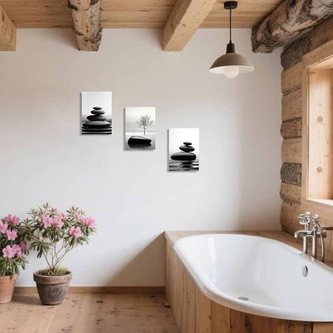 CCWORKERRY 3PCS Zen Stones Canvas Wall Art Black and White Zen Stone Painting Calming Meditation Wall Decor for Yoga Studio Office Spa Bathroom (white,20W x28L x3)