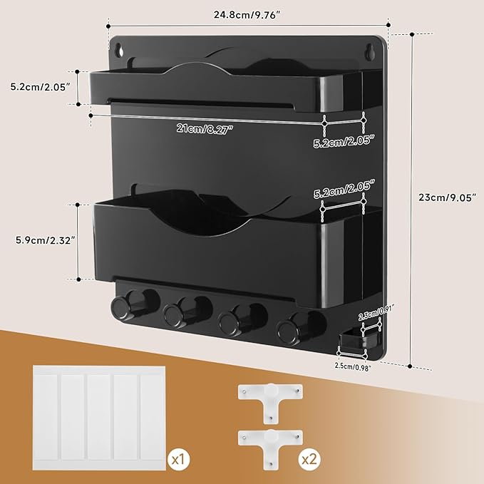 JUMEIHUI Bedside Wall Shelf with Glasses Hooks ,Adhesive Bedside Organizer Wall Mount for Dorm and Room Accessories Phone,Remote,Earphone, Kindle (Black)