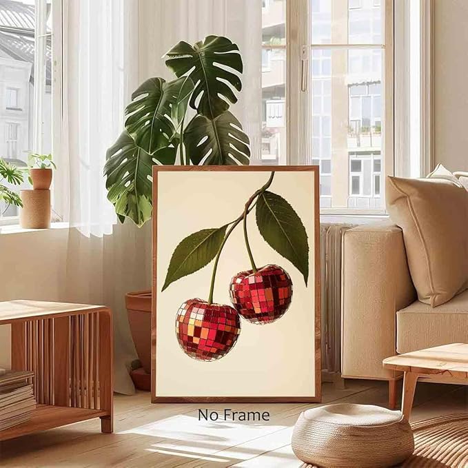 Disco Cherry Wall Art Disco Ball Picture Cherry Preppy Print Trendy Aesthetic Wall Art Preppy Aesthetic Pictures Red Picture Ball Funny Poster Dorm Girls Room Party Theme Bar Decor 16x24inch No Frame