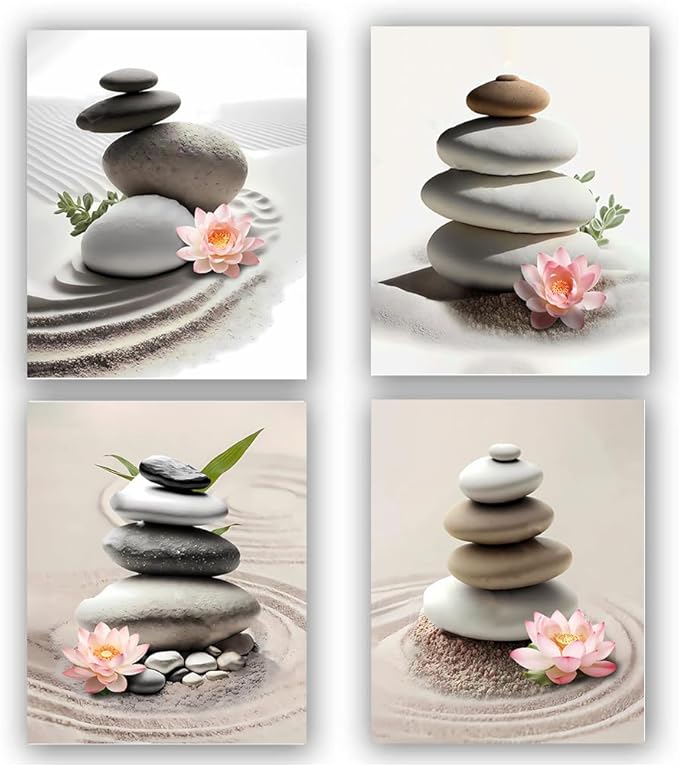 Zen Bathroom Decor Meditation Canvas Wall Art, Zen Spa Stones Canvas Wall Art, Zen Sand Posters Prints for Yoga Office Bathroom Bedroom,Set of 4 (Unframed 8 x 10 IN)