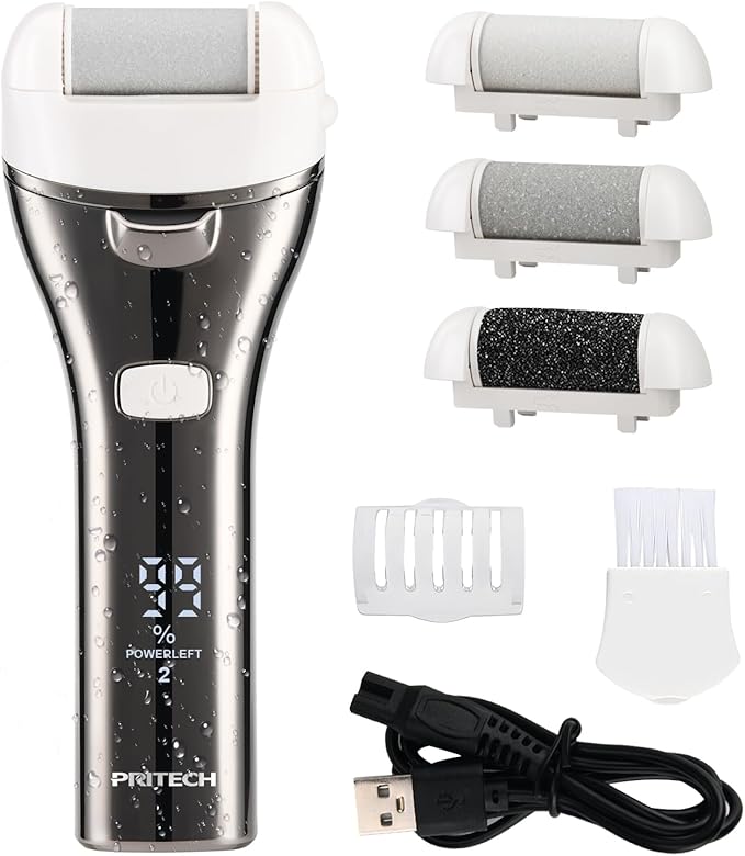 Electric Foot Callus Remover, Rechargeable Portable Electronic Foot File Pedicure Kit, Pedicure Tools for feet, 3 Roller Heads, 3 Speed, Battery Display for Remove Cracked Heels Calluses(BCM-1852)