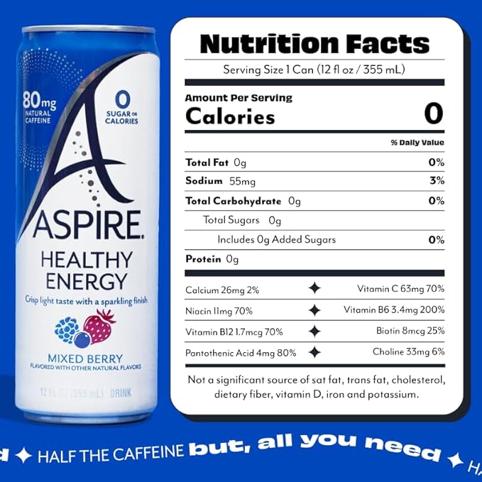 ASPIRE® Mixed Berry, Healthy Energy Drink 80mg Natural Caffeine, Zero Sugar No Carbs Keto Friendly, 24 Pack Green Tea Sugar Free Drink Low Caffeine Zero Calorie