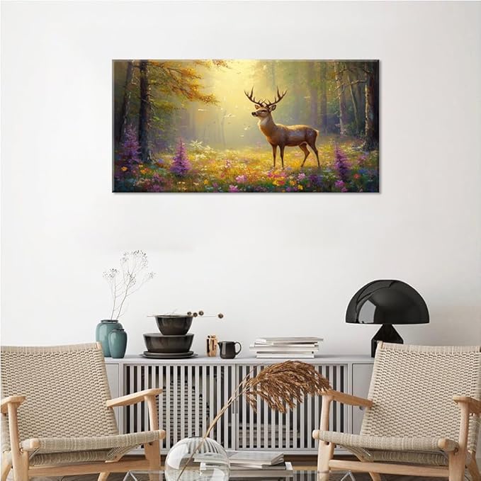 ZESTRILIA Pretty Deer Forest Wall Art for Living Room Office Gold Mustard Yellow Wildlife Wildflower Canvas Painting Prints Spring Wild Life Artwork Girls Bedroom Decor (30x16 Inches)